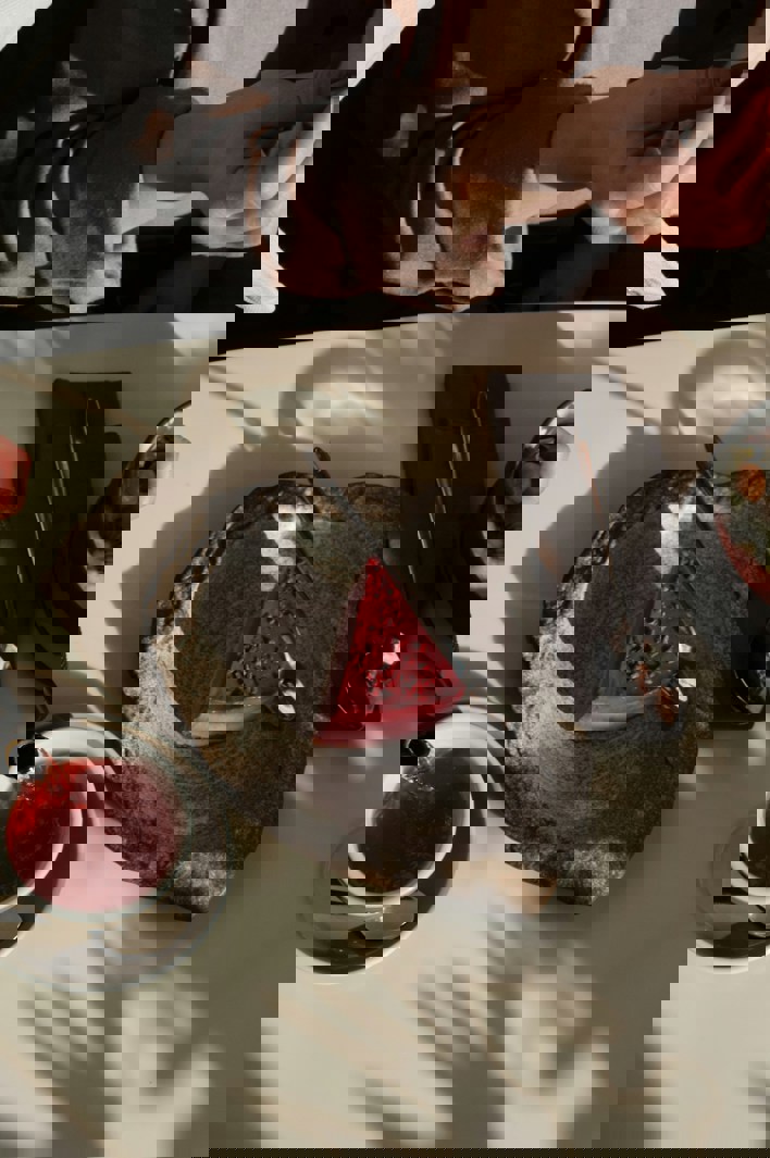 Close-up of two people enjoying dessert and tea at a sunlit table, featuring a slice of pink cake, a smoothie bowl with fruit, and a cup of red tea being poured.