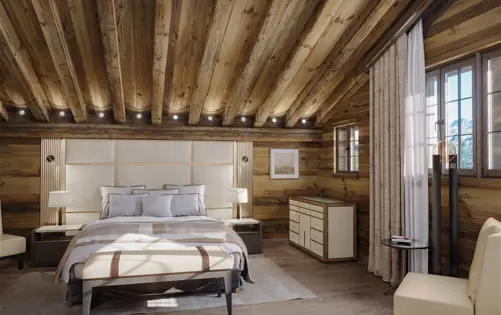 Chambre de chalet de luxe avec murs en bois, poutres apparentes, décoration neutre et grandes fenêtres avec vue sur la montagne.