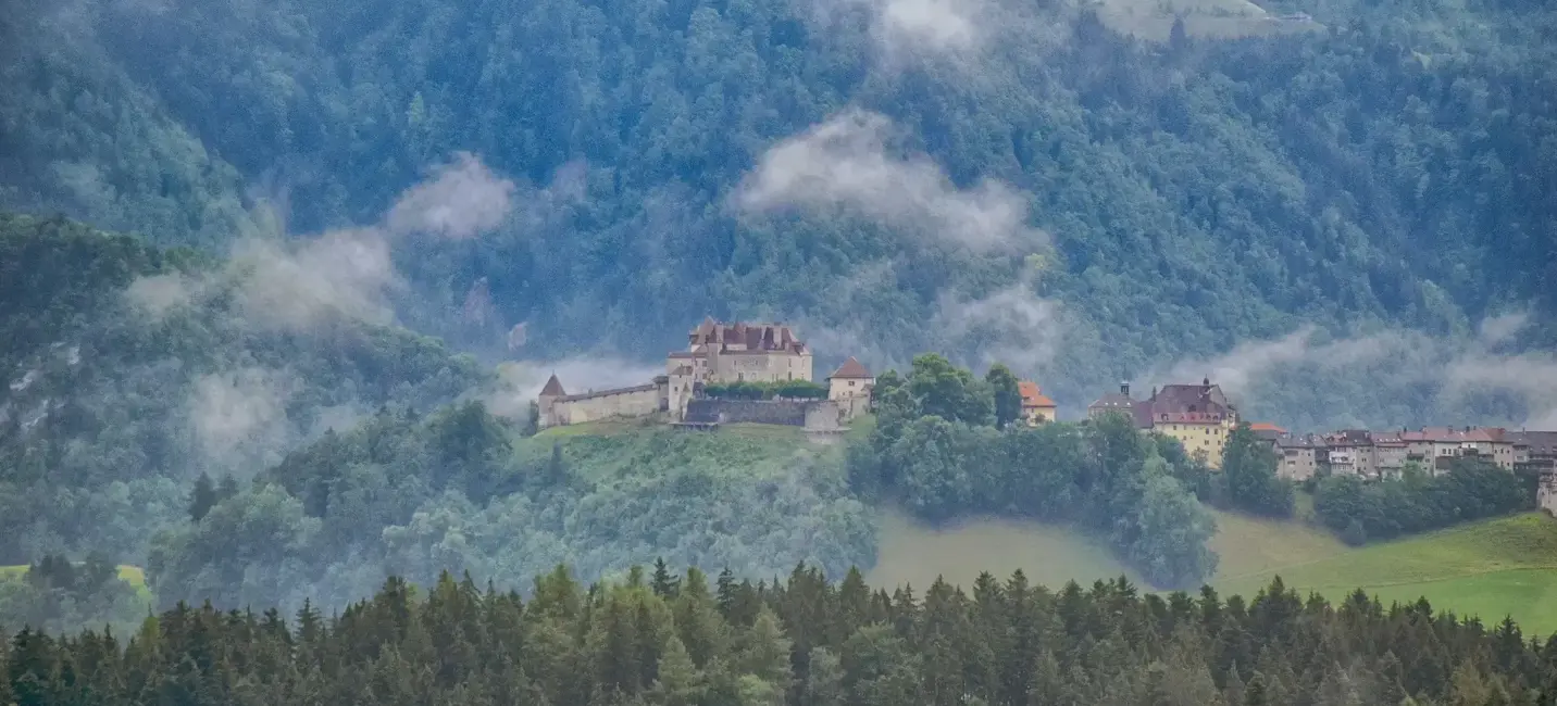 A historic castle sits atop a mist-covered hill surrounded by dense forest and mountain slopes.