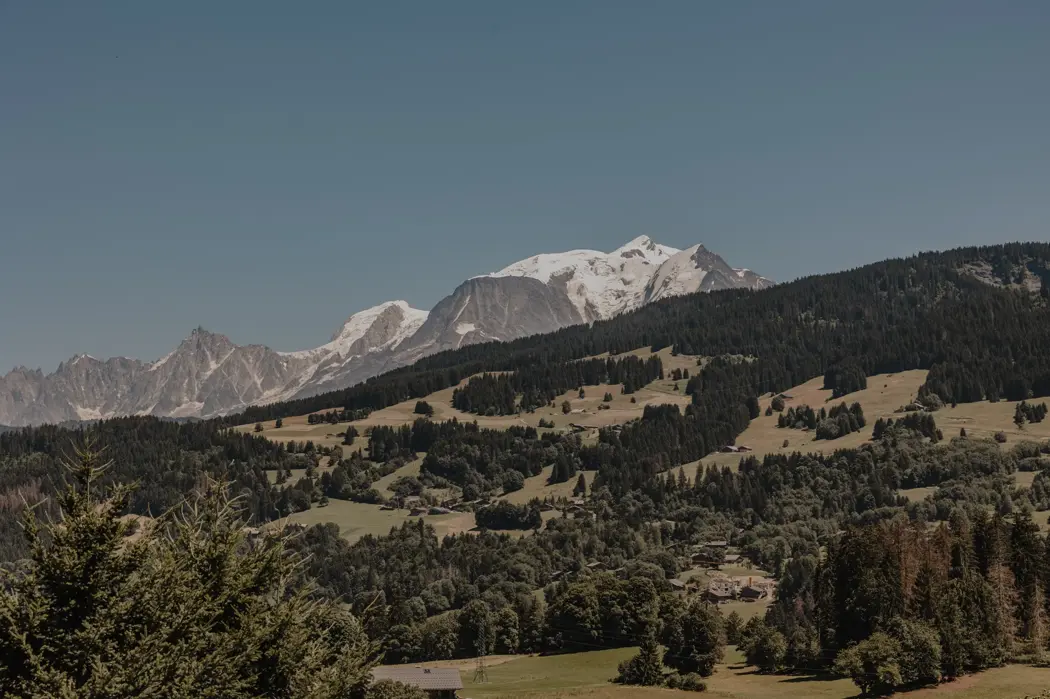 منظر بانورامي لوادٍ جبلي أخضر مع أكواخ متناثرة وغابات صنوبر، تمتد حتى قمم الجبال المغطاة بالثلوج تحت سماء زرقاء صافية.