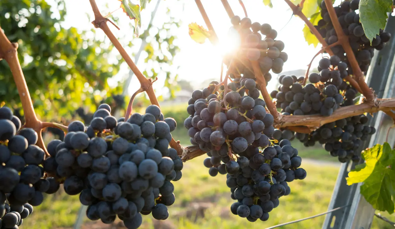 Clusters of ripe purple grapes glisten in the golden sunlight, hanging heavily from the vine amid lush green leaves.