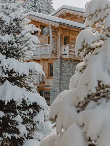 Chalet alpin en bois entouré de sapins enneigés dans un paysage de montagne hivernal paisible.